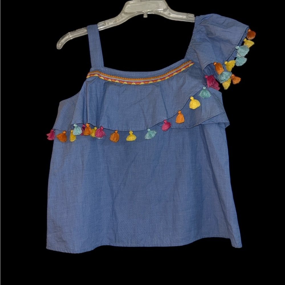 Crown & Ivy Kids Blue One Shoulder Top with Bright Multicolor Tassels - Size L